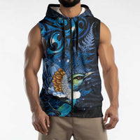 Aotearoa Matariki Sleeveless Zip Hoodie Maori Tribal with Silver Fern and Tui Bird Galaxy Style LT03