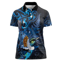 Aotearoa Matariki Women Polo Shirt Maori Tribal with Silver Fern and Tui Bird Galaxy Style - Polynesian Pride