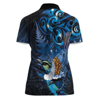 Aotearoa Matariki Women Polo Shirt Maori Tribal with Silver Fern and Tui Bird Galaxy Style - Polynesian Pride