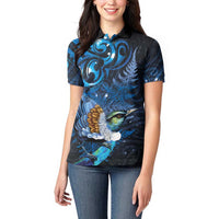 Aotearoa Matariki Women Polo Shirt Maori Tribal with Silver Fern and Tui Bird Galaxy Style - Polynesian Pride