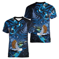 Aotearoa Matariki Women V-Neck T-Shirt Maori Tribal with Silver Fern and Tui Bird Galaxy Style - Polynesian Pride