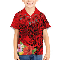 Personalised Hawaii Valentine Day Family Matching Tank Maxi Dress and Hawaiian Shirt Couple Love Heart mix Hibiscus and Polynesian Tattoo LT03 Son's Shirt Red - Polynesian Pride