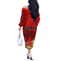 Personalised Hawaii Valentine Day Off The Shoulder Long Sleeve Dress Couple Love Heart mix Hibiscus and Polynesian Tattoo LT03 - Polynesian Pride