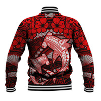 Polynesian Shark Valentine Day Baseball Jacket Hibiscus and Tribal Tattoo Red Style LT03 - Polynesian Pride