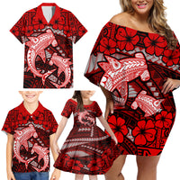 Polynesian Shark Valentine Day Family Matching Off Shoulder Short Dress and Hawaiian Shirt Hibiscus and Tribal Tattoo Red Style LT03 - Polynesian Pride