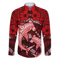 Polynesian Shark Valentine Day Family Matching Short Sleeve Bodycon Dress and Hawaiian Shirt Hibiscus and Tribal Tattoo Red Style LT03 Dad's Shirt - Long Sleeve Red - Polynesian Pride