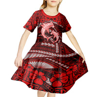Polynesian Shark Valentine Day Kid Short Sleeve Dress Hibiscus and Tribal Tattoo Red Style LT03 - Polynesian Pride