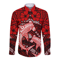 Polynesian Shark Valentine Day Long Sleeve Button Shirt Hibiscus and Tribal Tattoo Red Style LT03 Unisex Red - Polynesian Pride