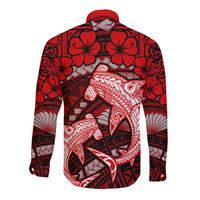 Polynesian Shark Valentine Day Long Sleeve Button Shirt Hibiscus and Tribal Tattoo Red Style LT03 - Polynesian Pride