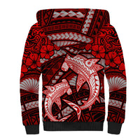Polynesian Shark Valentine Day Sherpa Hoodie Hibiscus and Tribal Tattoo Red Style LT03 - Polynesian Pride