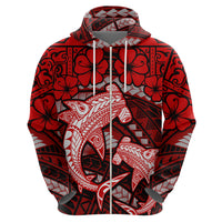 Polynesian Shark Valentine Day Zip Hoodie Hibiscus and Tribal Tattoo Red Style LT03 - Polynesian Pride