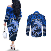 Polynesian Shark Valentine Day Couples Matching Off The Shoulder Long Sleeve Dress and Long Sleeve Button Shirt Hibiscus and Tribal Tattoo Blue Style LT03 - Polynesian Pride