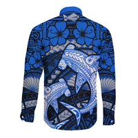 Polynesian Shark Valentine Day Long Sleeve Button Shirt Hibiscus and Tribal Tattoo Blue Style LT03 - Polynesian Pride