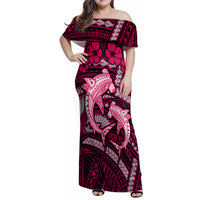 Polynesian Shark Valentine Day Family Matching Off Shoulder Maxi Dress and Hawaiian Shirt Hibiscus and Tribal Tattoo Pink Style LT03 Mom's Dress Pink - Polynesian Pride