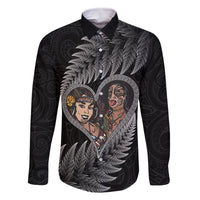 New Zealand Valentine Day Family Matching Off Shoulder Maxi Dress and Hawaiian Shirt Aotearoa Warrior and Woman Love Heart Maori Pattern LT03 Dad's Shirt - Long Sleeve Black - Polynesian Pride