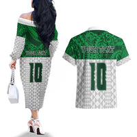 Custom Hawaii Volleyball-Kakau Motif Green Color Couples Matching Off The Shoulder Long Sleeve Dress and Hawaiian Shirt