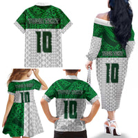 Custom Hawaii Volleyball-Kakau Motif Green Color Family Matching Off The Shoulder Long Sleeve Dress and Hawaiian Shirt