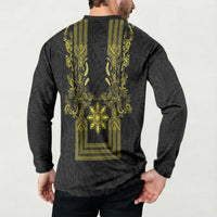 Philippines Barong Style Button Sweatshirt with Polynesian Art and Leaf Motif Black-Gold Color