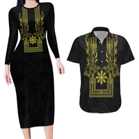 Philippines Barong Style Couples Matching Long Sleeve Bodycon Dress and Hawaiian Shirt with Polynesian Art and Leaf Motif Black-Gold Color