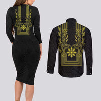 Philippines Barong Style Couples Matching Long Sleeve Bodycon Dress and Long Sleeve Button Shirt with Polynesian Art and Leaf Motif Black-Gold Color