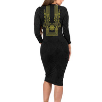 Philippines Barong Style Family Matching Long Sleeve Bodycon Dress and Hawaiian Shirt with Polynesian Art and Leaf Motif Black-Gold Color LT03 - Polynesian Pride