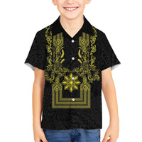 Philippines Barong Style Family Matching Off The Shoulder Long Sleeve Dress and Hawaiian Shirt with Polynesian Art and Leaf Motif Black-Gold Color LT03 Son's Shirt Black - Polynesian Pride