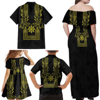 Philippines Barong Style Family Matching Off Shoulder Maxi Dress and Hawaiian Shirt with Polynesian Art and Leaf Motif Black-Gold Color LT03 - Polynesian Pride