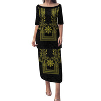 Philippines Barong Style Family Matching Puletasi and Hawaiian Shirt with Polynesian Art and Leaf Motif Black-Gold Color LT03 Mom's Dress Black - Polynesian Pride