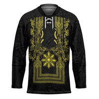 Philippines Barong Style Hockey Jersey with Polynesian Art and Leaf Motif Black-Gold Color LT03 Unisex Black - Polynesian Pride