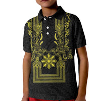 Philippines Barong Style Kid Polo Shirt with Polynesian Art and Leaf Motif Black-Gold Color LT03 Kid Black - Polynesian Pride