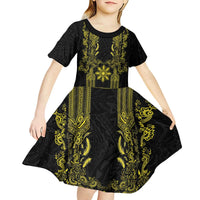 Philippines Barong Style Kid Short Sleeve Dress with Polynesian Art and Leaf Motif Black-Gold Color LT03 - Polynesian Pride