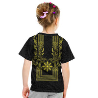 Philippines Barong Style Kid T Shirt with Polynesian Art and Leaf Motif Black-Gold Color