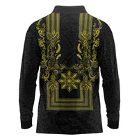Philippines Barong Style Long Sleeve Polo Shirt with Polynesian Art and Leaf Motif Black-Gold Color LT03 - Polynesian Pride