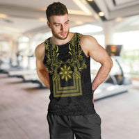 Philippines Barong Style Men Tank Top with Polynesian Art and Leaf Motif Black-Gold Color