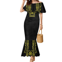Philippines Barong Style Mermaid Dress with Polynesian Art and Leaf Motif Black-Gold Color LT03 Women Black - Polynesian Pride