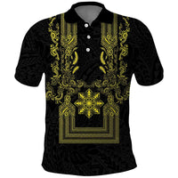 Philippines Barong Style Polo Shirt with Polynesian Art and Leaf Motif Black-Gold Color