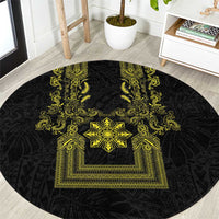 Philippines Barong Style Round Carpet with Polynesian Art and Leaf Motif Black-Gold Color