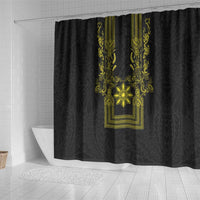 Philippines Barong Style Shower Curtain with Polynesian Art and Leaf Motif Black-Gold Color