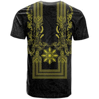 Philippines Barong Style T Shirt with Polynesian Art and Leaf Motif Black-Gold Color