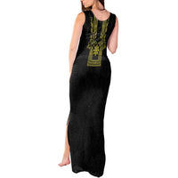 Philippines Barong Style Tank Maxi Dress with Polynesian Art and Leaf Motif Black-Gold Color LT03 - Polynesian Pride