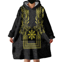Philippines Barong Style Wearable Blanket Hoodie with Polynesian Art and Leaf Motif Black-Gold Color LT03 - Polynesian Pride