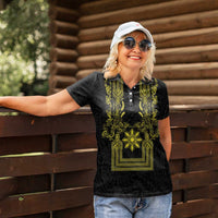 Philippines Barong Style Women Polo Shirt with Polynesian Art and Leaf Motif Black-Gold Color LT03 - Polynesian Pride