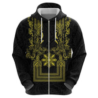 Philippines Barong Style Zip Hoodie with Polynesian Art and Leaf Motif Black-Gold Color LT03 - Polynesian Pride
