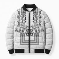Philippines Barong Style Bomber Puffer Jacket with Polynesian Art and Leaf Motif Black-White Color