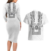 Philippines Barong Style Couples Matching Long Sleeve Bodycon Dress and Hawaiian Shirt with Polynesian Art and Leaf Motif Black-White Color