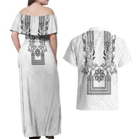 Philippines Barong Style Couples Matching Off Shoulder Maxi Dress and Hawaiian Shirt with Polynesian Art and Leaf Motif Black-White Color LT03 - Polynesian Pride