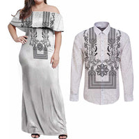 Philippines Barong Style Couples Matching Off Shoulder Maxi Dress and Long Sleeve Button Shirt with Polynesian Art and Leaf Motif Black-White Color LT03 White - Polynesian Pride