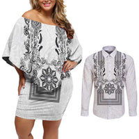 Philippines Barong Style Couples Matching Off Shoulder Short Dress and Long Sleeve Button Shirt with Polynesian Art and Leaf Motif Black-White Color LT03 White - Polynesian Pride