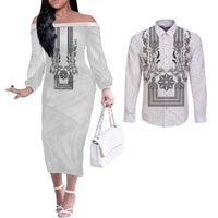 Philippines Barong Style Couples Matching Off The Shoulder Long Sleeve Dress and Long Sleeve Button Shirt with Polynesian Art and Leaf Motif Black-White Color LT03 White - Polynesian Pride