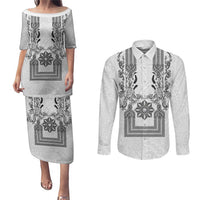 Philippines Barong Style Couples Matching Puletasi and Long Sleeve Button Shirt with Polynesian Art and Leaf Motif Black-White Color LT03 White - Polynesian Pride